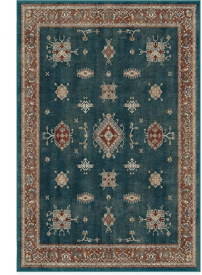 RUGGABLE Washable Vintage Area Rug – Verena Teal Blue 6x9, Stain-Resistant, Non-Slip – Medium Machine Washable Rugs for Living Room, Bedroom, Hallway, Entryway & Office–with Standard Pad