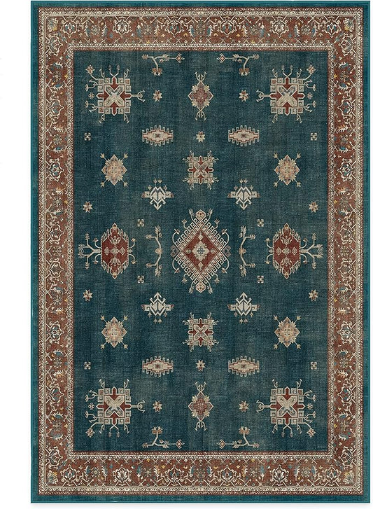 RUGGABLE Washable Vintage Area Rug – Verena Teal Blue 6x9, Stain-Resistant, Non-Slip – Medium Machine Washable Rugs for Living Room, Bedroom, Hallway, Entryway & Office–with Standard Pad