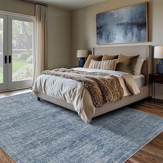 Area Rug Living Room Rugs - 10x14 Abstract Large Soft Indoor Washable Rug Neutral Modern Low Pile Carpet for Bedroom Dining Room Farmhouse Home Office - Dark Blue
