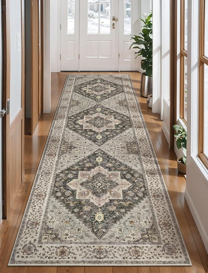 Tangsoo 2.6x10 Hallway Runner Rugs, Washable Runner Rug for Hallways Non Slip Vintage, Soft Low Pile Long Rug Runner, Print Indoor Carpet Runners for Living Room Kitchen Bedroom Entryway Grey