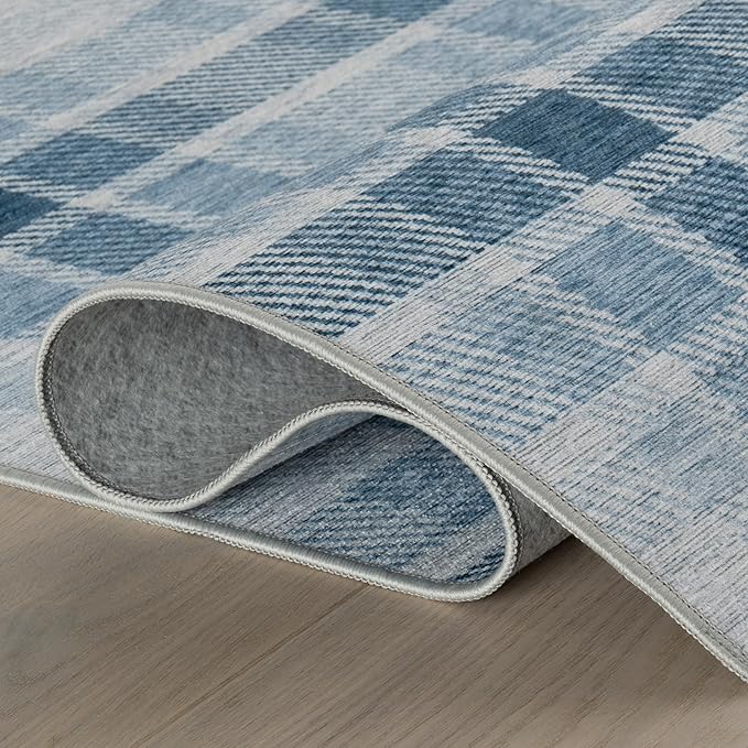 Dash & Albert Andri Plaid Blue Machine Washable Rug, 8.5 X 11.5 Feet, Blue/White Plaid Pattern