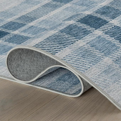 Dash & Albert Andri Plaid Blue Machine Washable Rug, 8.5 X 11.5 Feet, Blue/White Plaid Pattern