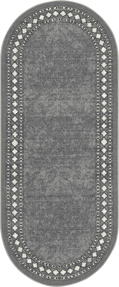 Antep Rugs Alfombras Modern Bordered 2x5 Non-Skid (Non-Slip) Low Profile Pile Rubber Backing Kitchen Area Rugs (Gray, 2' x 5' Oval)