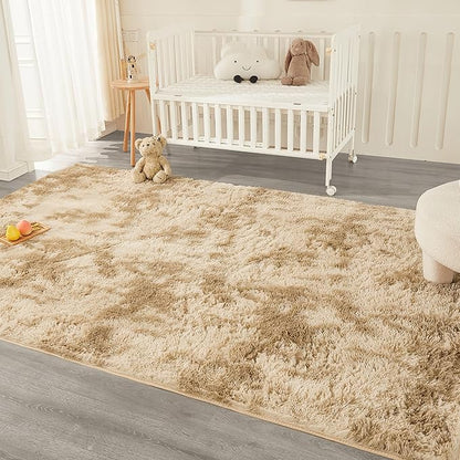 Andency Soft Area Rugs for Living Room Bedroom, 5x8 Fluffy Shaggy Bedside Rug, Non-Slip Large Shag Fuzzy Plush Carpets for Bedroom Kids Dorm Nursery Home Decor Aesthetic, Tie-Dyed Khaki