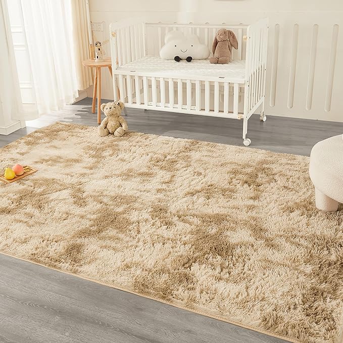 Andency 6x9 Area Rugs, Large Shag Fluffy Soft Shaggy Rugs for Living Room Bedroom, Non-Slip Tie-Dyed Khaki Thick Plush Carpet for Kids Girls and Boys, Dorm Nursery Home Decor Aesthetic