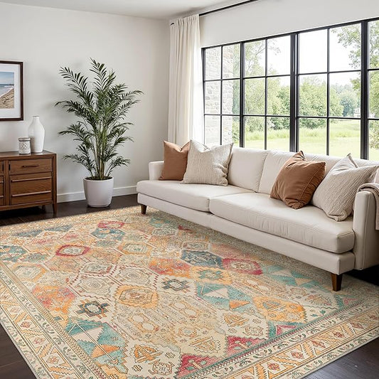 Bavni Washable Rug 5x7 Area Rug for Living Room Bedroom Dining, Washable Vintage Print Carpet, Ultra-Thin Chenille Low Pile Lightweight Rug with Non Slip Backing, Retro Multi