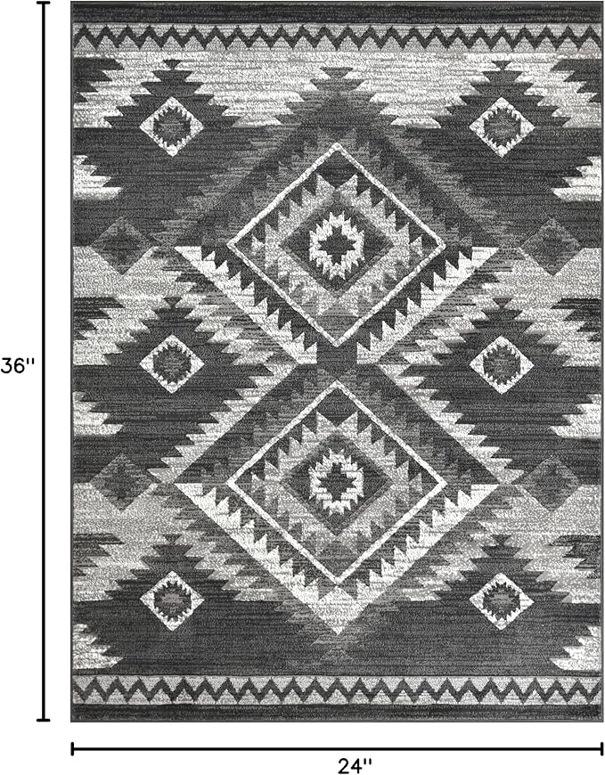 YHSF South West Native American Rug Ritz – Native Tribal American Indian Inspired Rug - Living Room, Bedroom, Hallway, Entryway & High-Traffic Area Rugs - Washable - Soft - Dark Grey, 2 Feet x 3 Feet