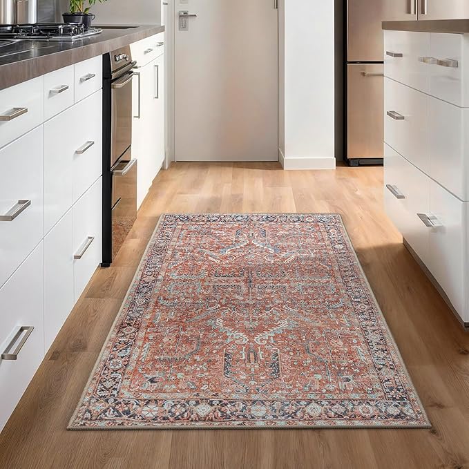 GLN Rugs Traditional Collection - Machine Washable Area Rug, Traditional Washable, Non Slip, Low Pile Chenille Rug, Living Room, Bedroom, Kitchen Rug (2'6" x 7' Terra/Multicolor 1168)