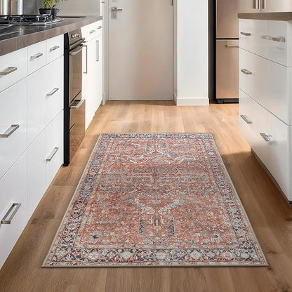 GLN Rugs Traditional Collection - Machine Washable Area Rug, Traditional Washable, Non Slip, Low Pile Chenille Rug, Living Room, Bedroom, Kitchen Rug (2'6" x 7' Terra/Multicolor 1168)