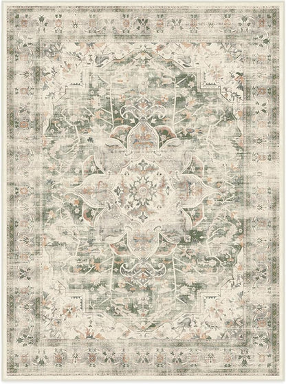 RUGGABLE Washable Vintage Area Rug – Sarrah Sage 9x12, Stain-Resistant, Non-Slip – Large Machine Washable Rugs for Living Room, Bedroom, Hallway, Entryway & Office–with Standard Pad