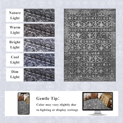 Washable Area Rug 5x7 Black Rugs for Living Room, Vintage Boho Large Rug for Bedroom Dining Room Office, Distressed Floral Print Carpet for Under Table, Soft Non Slip Low Pile Throw Carpet Indoor Mat