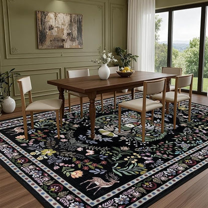 6x9 Area Rugs Living Room Rug: Vintage Washable Rug Floral Soft Carpet Indoor Floor Non-Slip Boho Stain Resistant Large Carpets for Bedroom Kids Nursery Dining Room Farmhouse Home Office Black