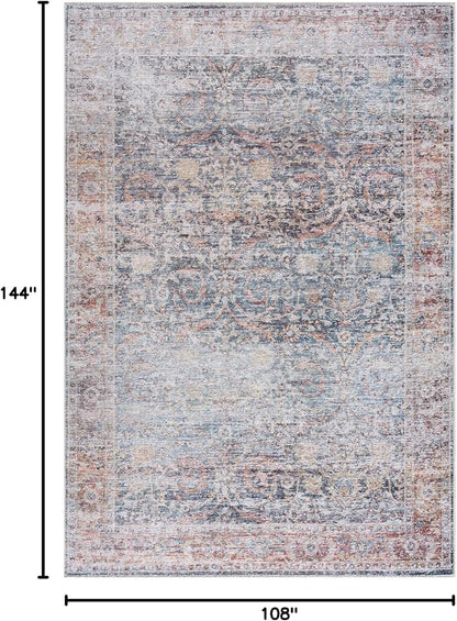 Bloom Rugs Caria Washable Non-Slip 9x12 Rug - Ocean Blue/Brick Traditional Area Rug for Living Room, Bedroom, Dining Room, and Kitchen - Exact Size: 9' x 12'