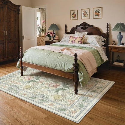 Bavni 5x7 Area Rugs for Living Room, Microfiber Machine Washable Non-Slip Vintage Floral Rug, Low Pile Lightweight Carpet for Bedroom, Dining Room, Home Office, Beige&Green