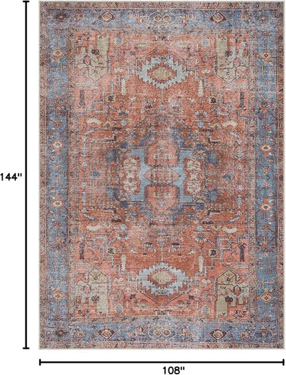 Bloom Rugs Washable 9' x 12' Rug - Terracotta/Blue Traditional Area Rug for Living Room, Bedroom, Dining Room, and Kitchen - Exact Size: 9' x 12'