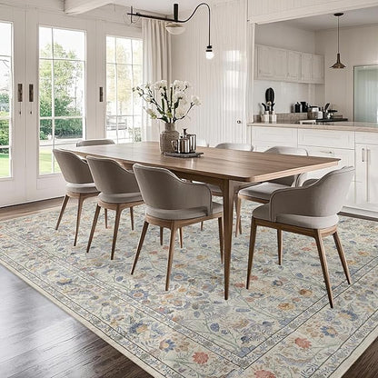 Washable Living Room Rug: 10x14 Boho Floral Soft Area Rug for Bedroom Decor - Vintage Low Pile Thin Carpet for Dining Room Non-Slip - Farmhouse Stain Resistant Rugs - Beige Blue