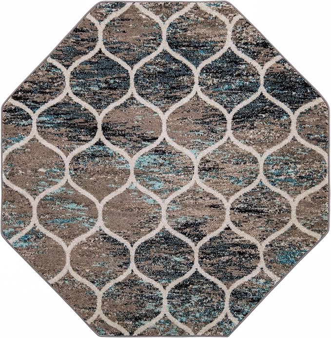 Rugs.com Lattice Frieze Collection Rug – 6 Ft Octagon Blue Multi Medium-Pile Rug Perfect for Living Rooms, Kitchens, Entryways