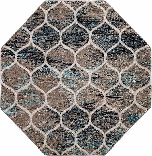 Rugs.com Lattice Frieze Collection Rug – 6 Ft Octagon Blue Multi Medium-Pile Rug Perfect for Living Rooms, Kitchens, Entryways