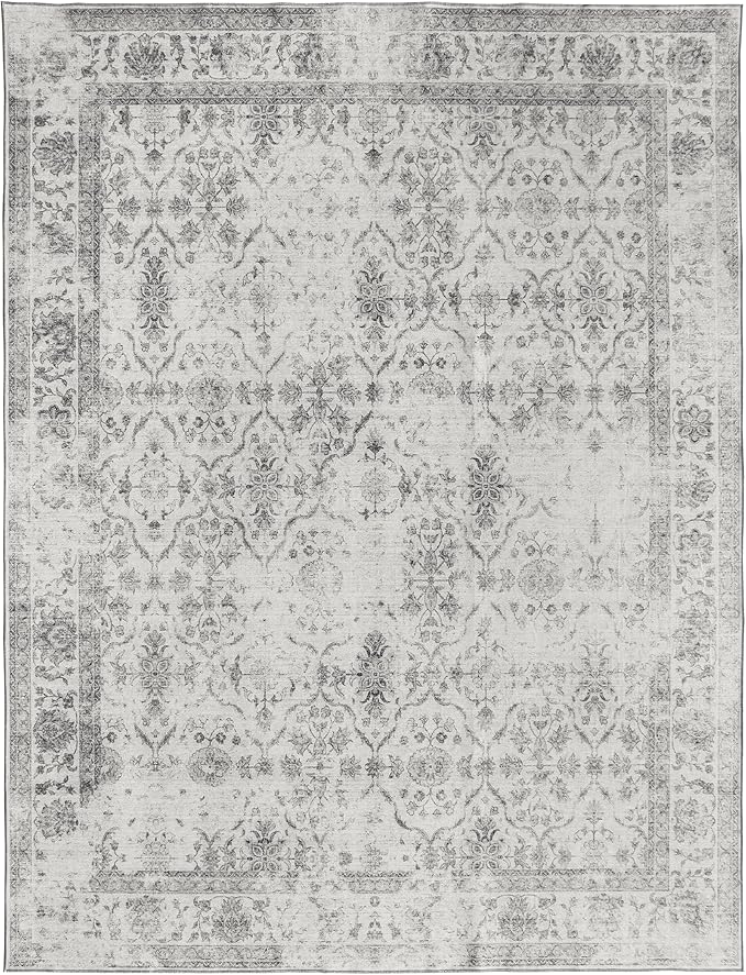 ReaLife Rugs Machine Washable Area Rug - Living Room Bedroom Bathroom Kitchen Entryway Office - Padded Low Pile Stain Resistant Premium - Boho Farmhouse Vintage - Noor - Ivory Grey 4' x 6'