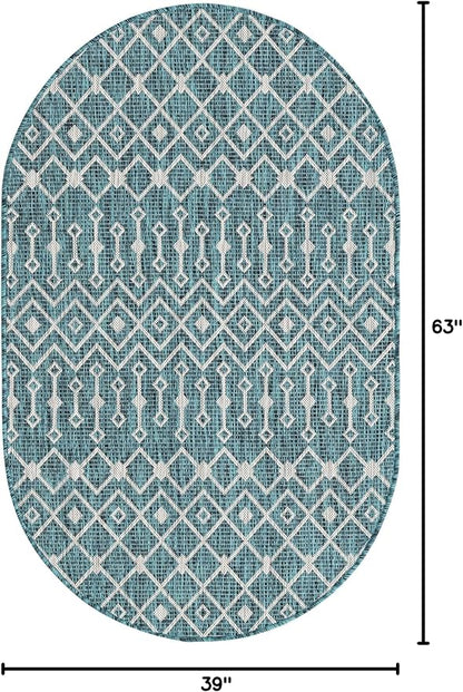 Unique Loom Outdoor Trellis Collection Area Rug - Tribal Trellis (3' 3" x 5' 3" Oval, Teal/ Ivory)