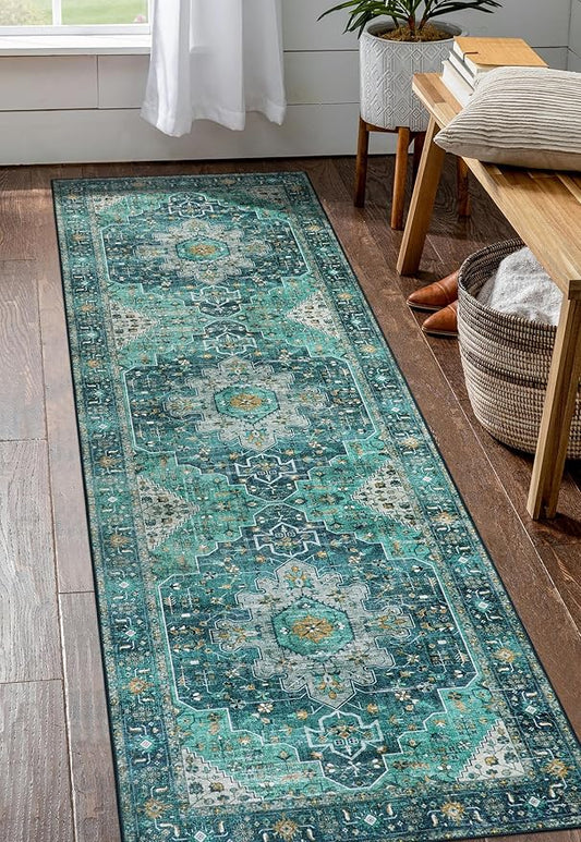 Moynesa Ultra-Thin Washable Vintage Runner Rug - 2'6"x8 Boho Hallway Kitchen Runner Oriental Medallion Bedside Mat Non-Slip Non-Shedding Indoor Throw Carpet for Laundry Entrance, Teal/Mutil