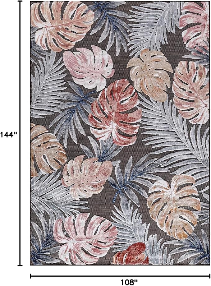CAMILSON Indoor Outdoor Rug, Brown 9’x12’ Leaf Tropical Botanical Area Rugs for Indoor and Outdoor patios, Easy-Cleaning Non-Shedding Living Room, Garden and Kitchen Washable Outside Carpet (9x12)