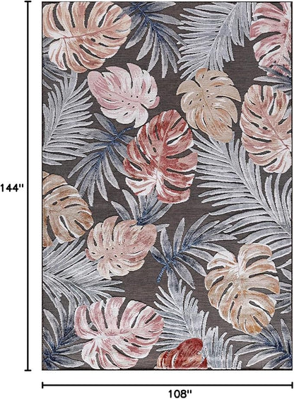 CAMILSON Indoor Outdoor Rug, Brown 9’x12’ Leaf Tropical Botanical Area Rugs for Indoor and Outdoor patios, Easy-Cleaning Non-Shedding Living Room, Garden and Kitchen Washable Outside Carpet (9x12)