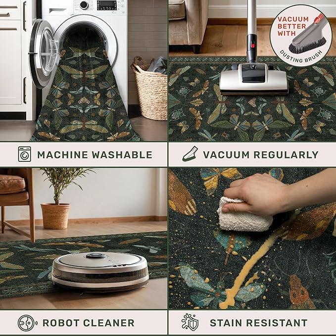 Dark Green Insect Area Rugs 8x10 for Living Room, Dining Room Under Table, Bedroom, Unique Washable Floral Non Slip Low Pile Soft Rug