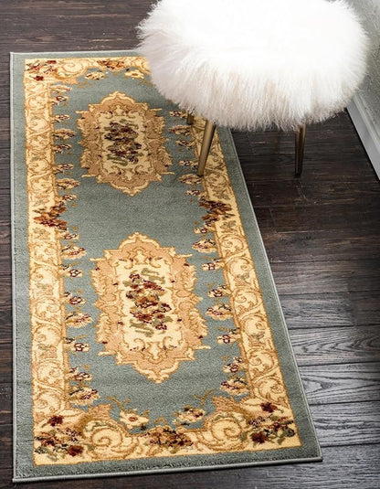 Rugs.com Chateau Collection Rug – 2' x 7' Runner Light Blue Medium Rug Perfect for Hallways, Entryways