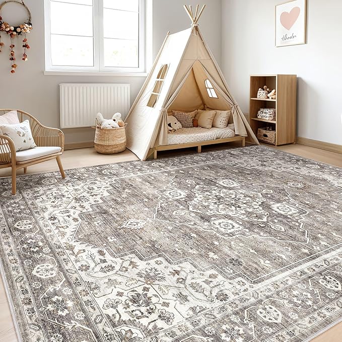 9x12 Area Rug Living Room: Washable Boho Large Neutral Vintage Soft Rugs Stain Resistant Farmhouse Non-Slip Indoor Rustic Floor Carpet for Bedroom Nursery Kids Playroom Office Dining Room- Dark Brown
