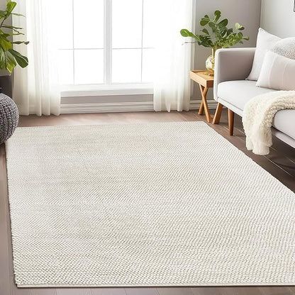 Handwoven Wool Cotton Blend Area Rug 6x9', Textured Popcorn Braided Ivory Rug, Soft Thick Farmhouse Contemporary Living Room Carpet, Neutral Modern Decorative Floor Rug
