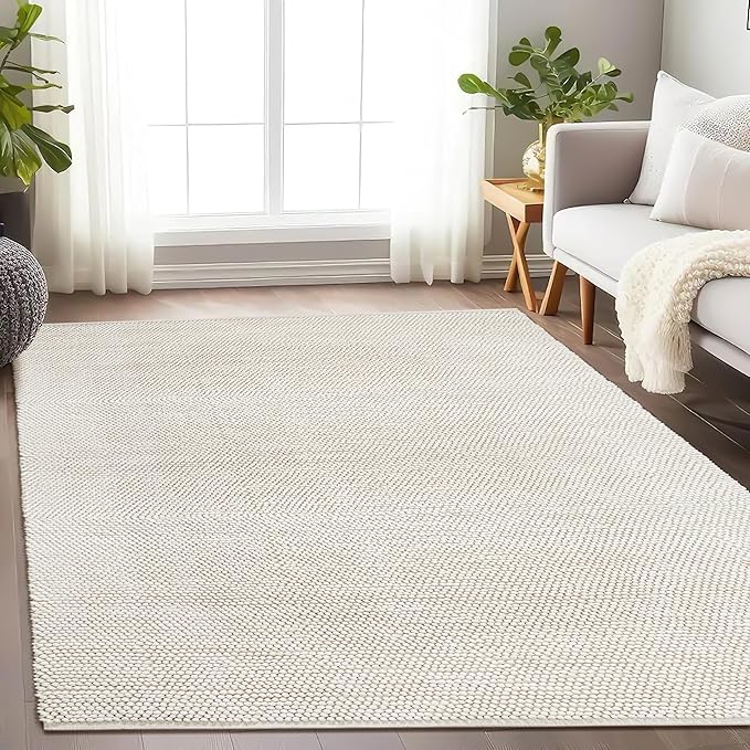Savi Home Handwoven Wool Cotton Blend Area Rug 4x6', Textured Popcorn Braided Ivory Rug, Soft Thick Farmhouse Contemporary Living Room Carpet, Neutral Modern Decorative Floor Rug