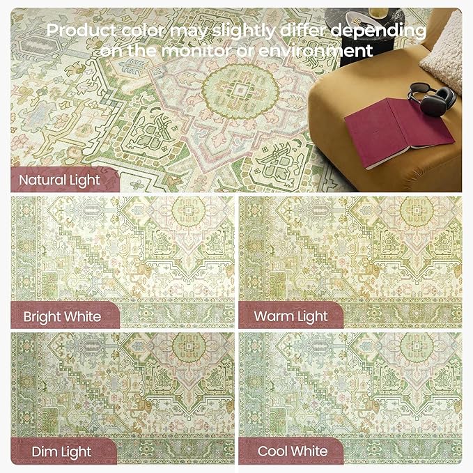 Kokia 8x10 Washable Sage Green Area Rugs with Vintage Orient Design Soft Rug for Living Room or Bedroom Non-Slip Low Pile Stain Resistance Features Distressed Medallion Pattern