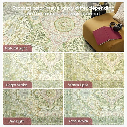 Kokia 6x9 Washable Sage Green Area Rugs with Vintage Orient Design Soft Rug for Living Room or Home Office Non-Slip Low Pile Stain Resistance Features Distressed Medallion Pattern