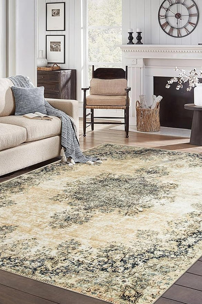 Keen Home Design 6x9 Rug - Machine Washable Area Rug with Non-Slip Backing, Ideal for Living Room, Dining Room, Bedroom - Vintage, Easy Clean, Durable, Low Pile - (6' x 9')