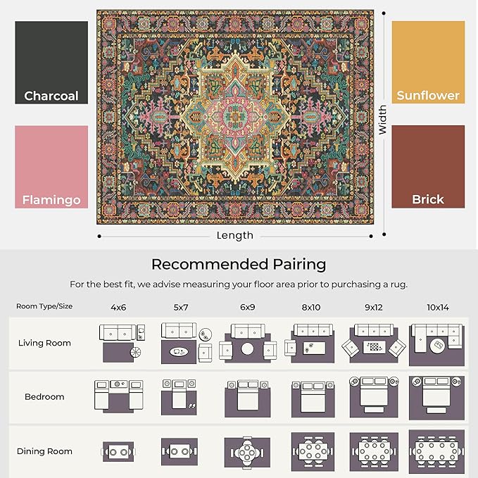Kokia 9x12 Washable Black and Pink Area Rugs with Vintage Orient Design, Soft Rug for Living Room or Bedroom, Non-Slip Low Pile Stain Resistance Features, Distressed Medallion Pattern