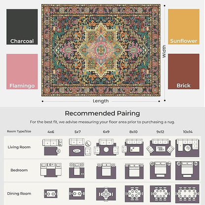 Kokia 8x10 Washable Black and Pink Area Rugs with Vintage Orient Design Soft Rug for Living Room or Bedroom Non-Slip Low Pile Stain Resistance Features Distressed Medallion Pattern