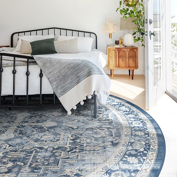 RUGGABLE Washable Area Rug – Kamran Admiral Blue 8 ft Round, Stain-Resistant, Non-Slip – Large Machine Washable Rugs for Living Room, Bedroom, Hallway, Entryway & Office–with Cushioned Pad