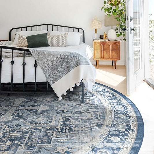 RUGGABLE Washable Vintage Area Rug – Kamran Admiral Blue 8 ft Round, Stain-Resistant, Non-Slip – Large Machine Washable Rugs for Living Room, Bedroom, Hallway, Entryway & Office–with Standard Pad