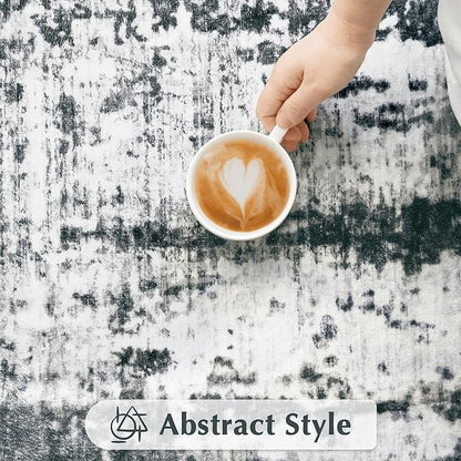 FMFUNCTEX 8x10 Washable Area Rug Black and Grey Neutral Abstract Modern Large Non Slip Carpet for Living Room Bedroom Soft Low Pile Indoor Mat Contemporary Accent Throw Rug for Dining Kitchen Nursery