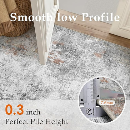 8x10 Washable Area Rug Grey Rust Abstract Living Room Bedroom Carpet Neutral Modern Non-Slip Soft Low Pile Lightweight Vacuumable Large Throw Rug for Dining Room