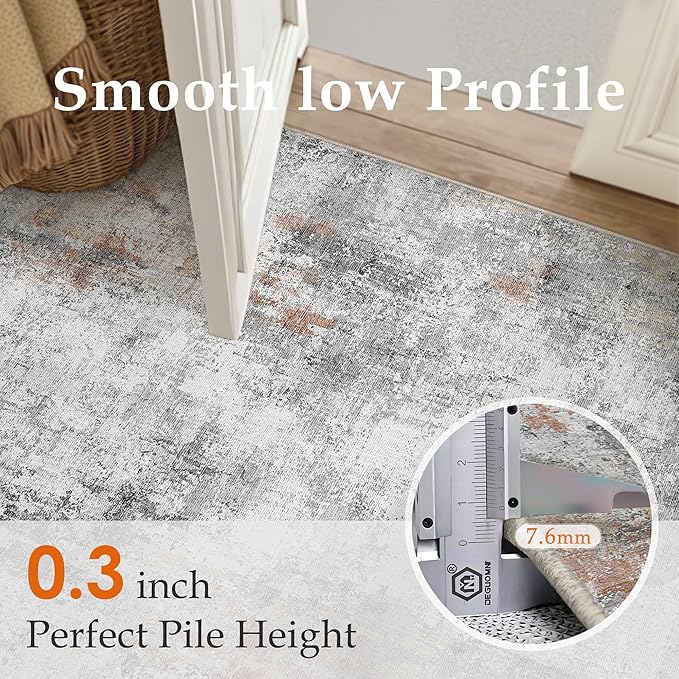 6x9 Washable Area Rug Grey Rust Abstract Living Room Bedroom Carpet Neutral Modern Non-Slip Soft Low Pile Lightweight Vacuumable Throw Rug for Dining Room Kitchen