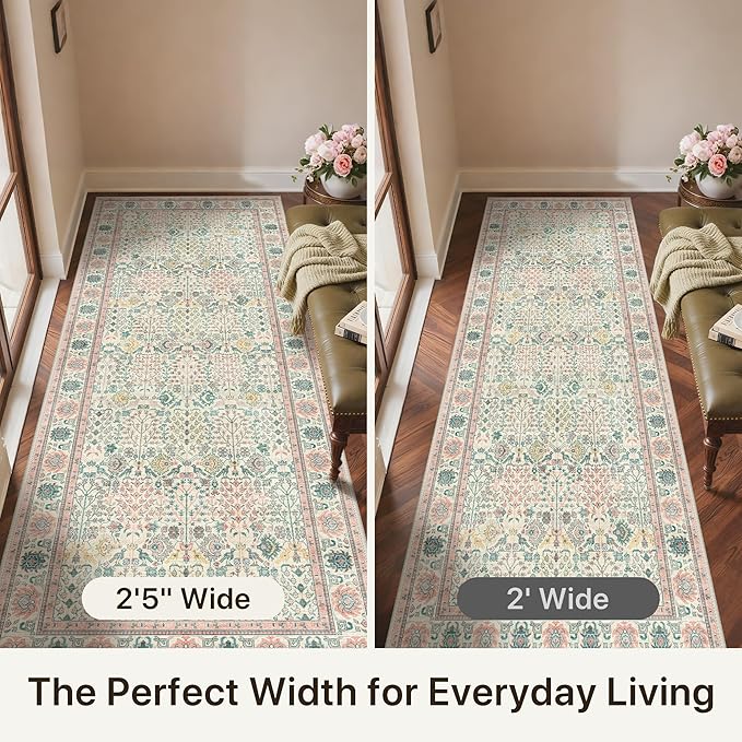 Bavni 2'6''x6 Rug Runners for Hallways, Washable Runner Rug Non Slip, Vintage Floral Print Style Rugs for Bedroom-Lightweight Low Pile Carpet for Hallways Bathroom, Pink