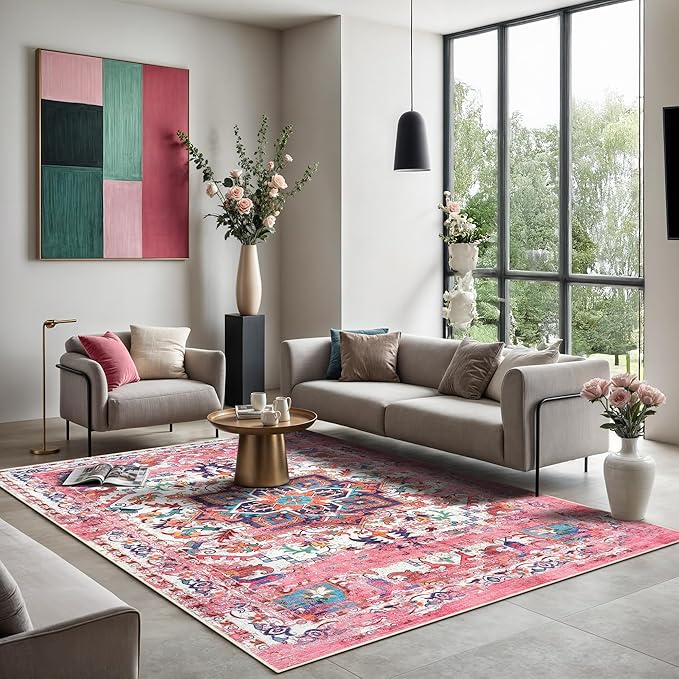GLN Rugs Traditional Collection - Machine Washable Area Rug, Traditional Washable, Non Slip, Low Pile Chenille Rug, Living Room, Bedroom, Kitchen Rug (6' x 9' Pink/Multicolor)