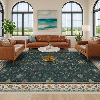 Dark Green Oushak Living Room Rug 10x12 - Modern Vintage Boho Eclectic Floral Pastel, Washable Low Pile Non-Slip Extra Large Area Rugs for Dining Under Table Bedroom Lounge