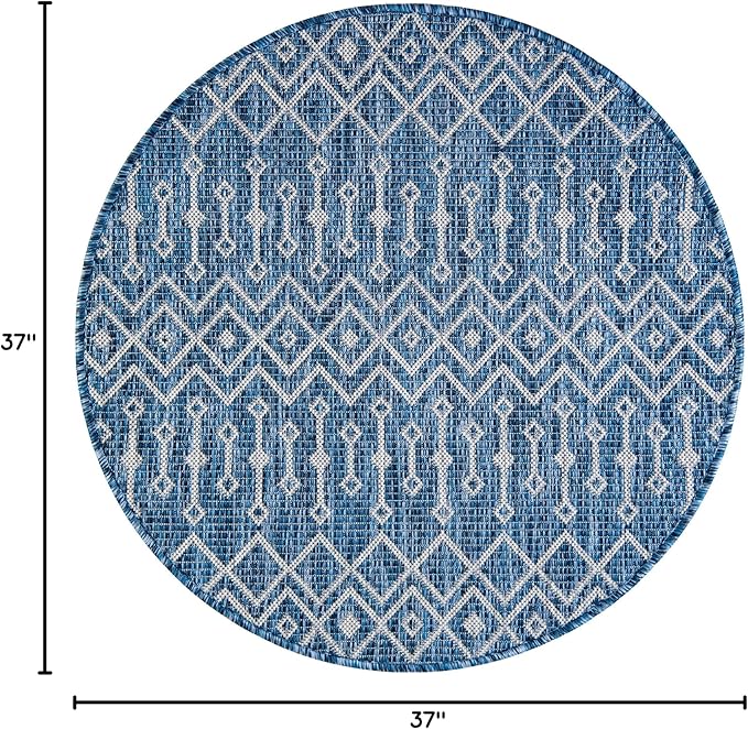 Unique Loom Outdoor Trellis Collection Area Rug - Tribal Trellis (3' 1" Round, Blue/ Ivory)