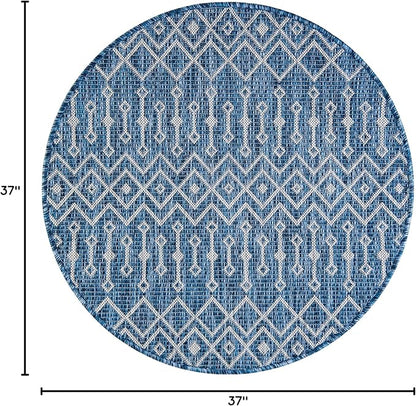 Unique Loom Outdoor Trellis Collection Area Rug - Tribal Trellis (3' 1" Round, Blue/ Ivory)