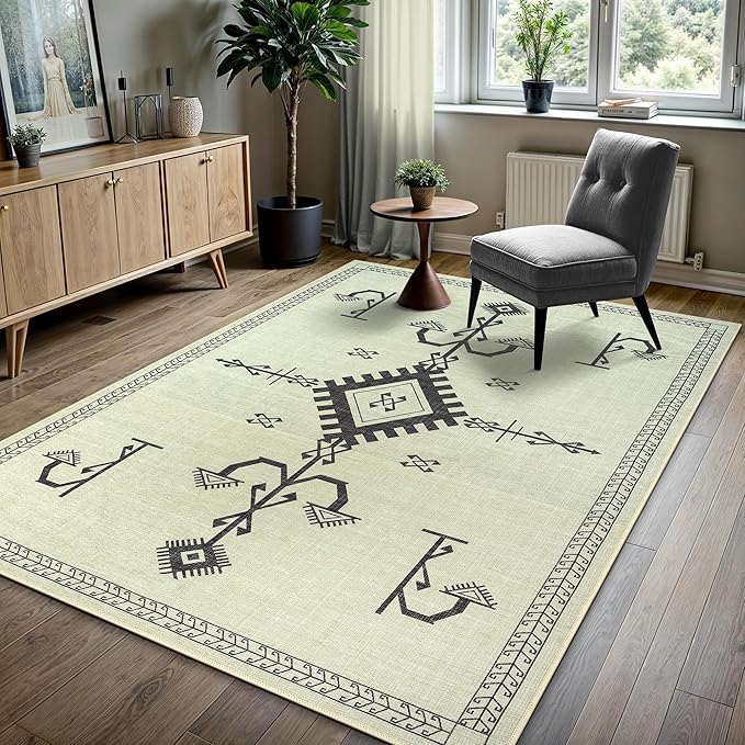 GLN Rugs Contemporary Collection - Machine Washable Area Rug, Contemporary Washable, Non Slip, Low Pile Chenille Rug, Living Room, Bedroom, Kitchen Rug (6' x 9' Cream/Anthracite)
