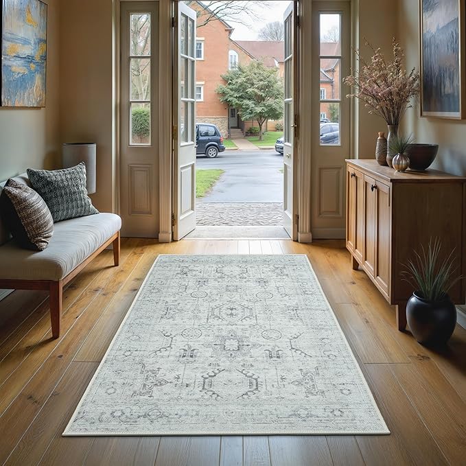 GLN Rugs Traditional Collection - Machine Washable Area Rug, Traditional Washable, Non Slip, Low Pile Chenille Rug, Living Room, Bedroom, Kitchen Rug (2'6" x 7' Cream/Gray/Sea Salt)