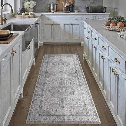 HUGEAR 2x6 Runner Rug Hallway Vintage Grey Machine Washable Neutral Floral Low Pile Carpet Vacuumable Thin Long Throw Rug Bedroom Office Bathroom Kitchen Laundry Non Slip Soft Lightweight
